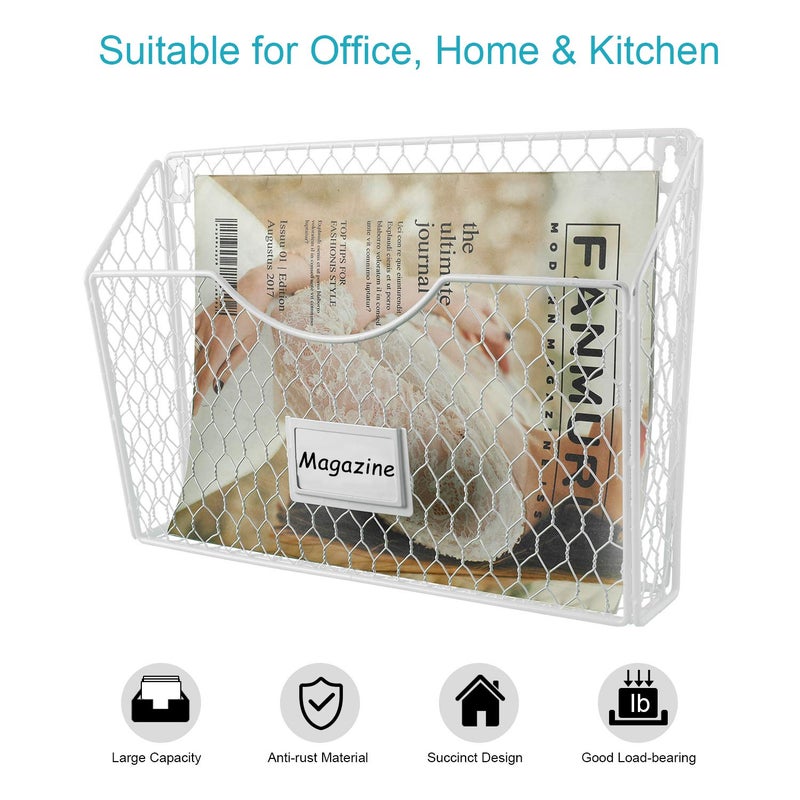 PAG 6 Pockets Hanging File Holder Wall Mount Mail Organizer Metal Chicken Wire Magazine Rack with Tag Slot, White - Image 2